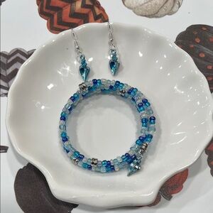 Hand Crafted Azure and Silver Beaded Bracelet and Earrings